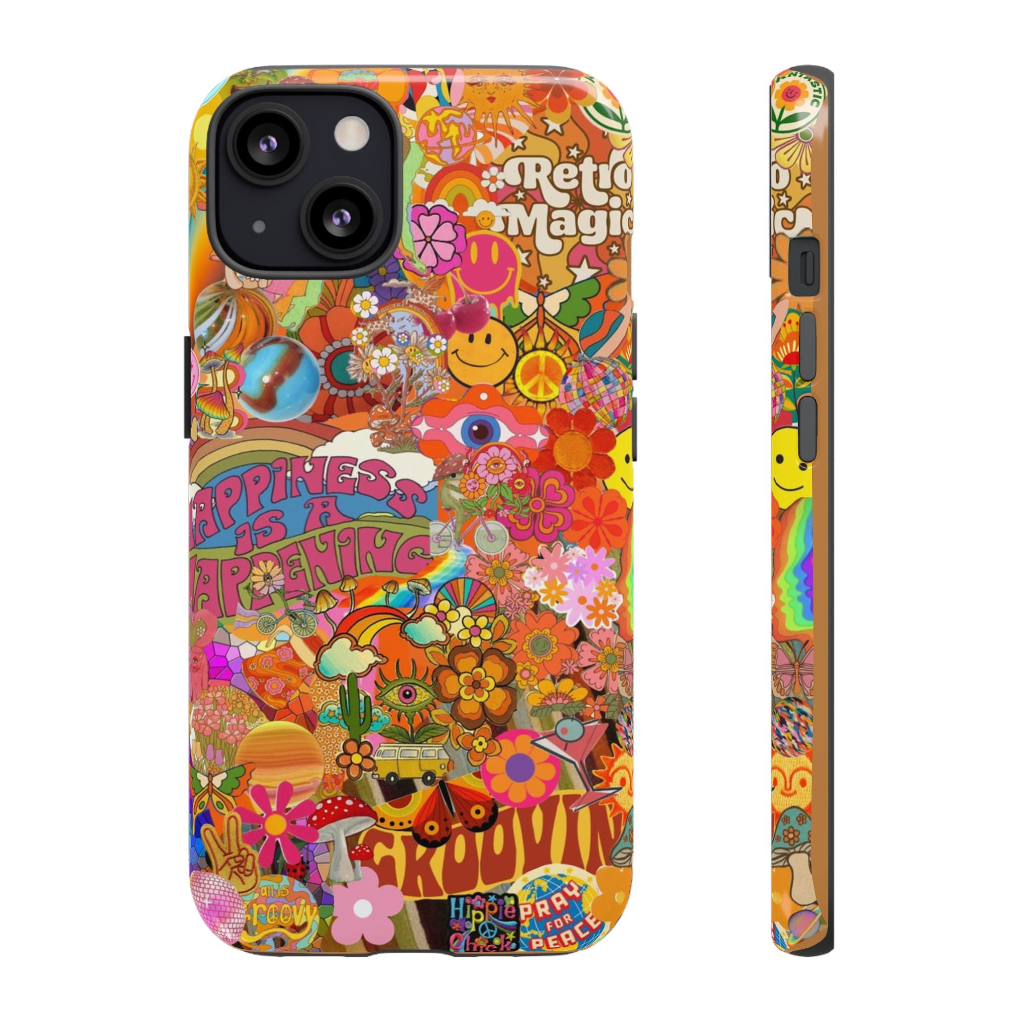 Happiness Is Happening – Groovy Hippie Retro Collage iPhone Case