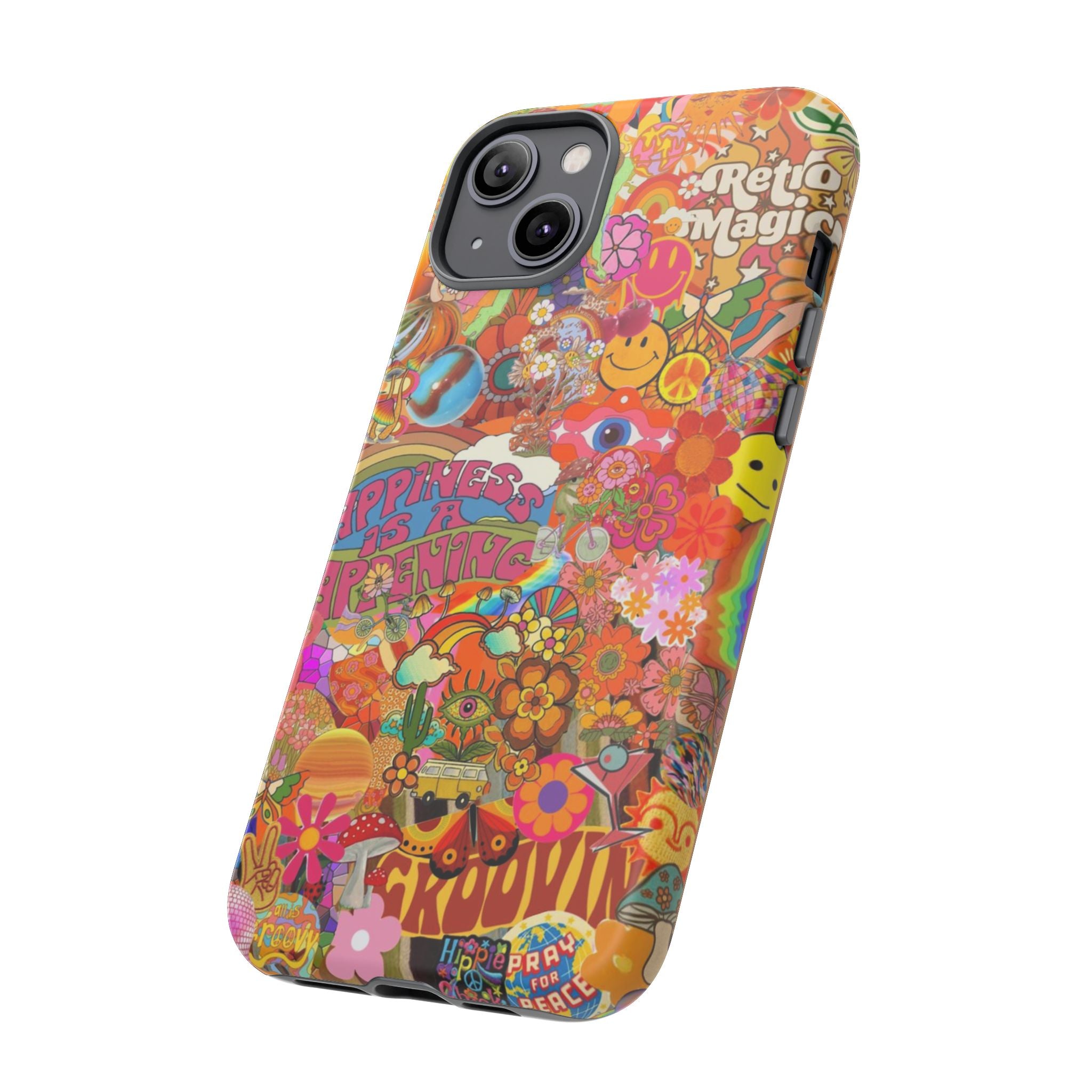 Happiness Is Happening – Groovy Hippie Retro Collage iPhone Case