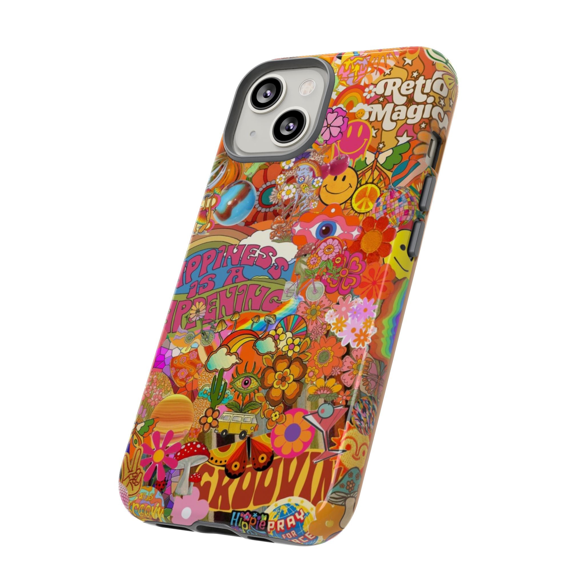Happiness Is Happening – Groovy Hippie Retro Collage iPhone Case