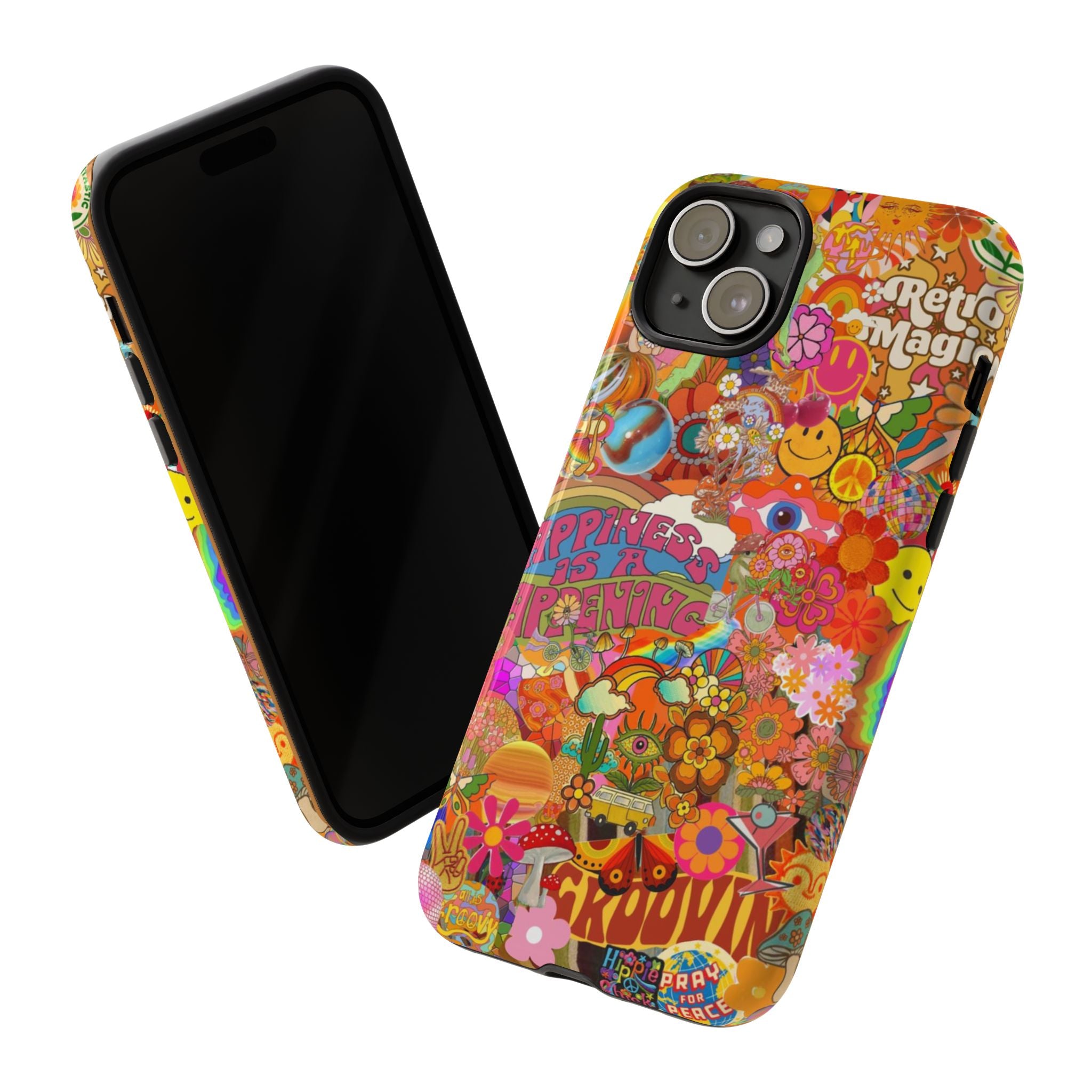 Happiness Is Happening – Groovy Hippie Retro Collage iPhone Case