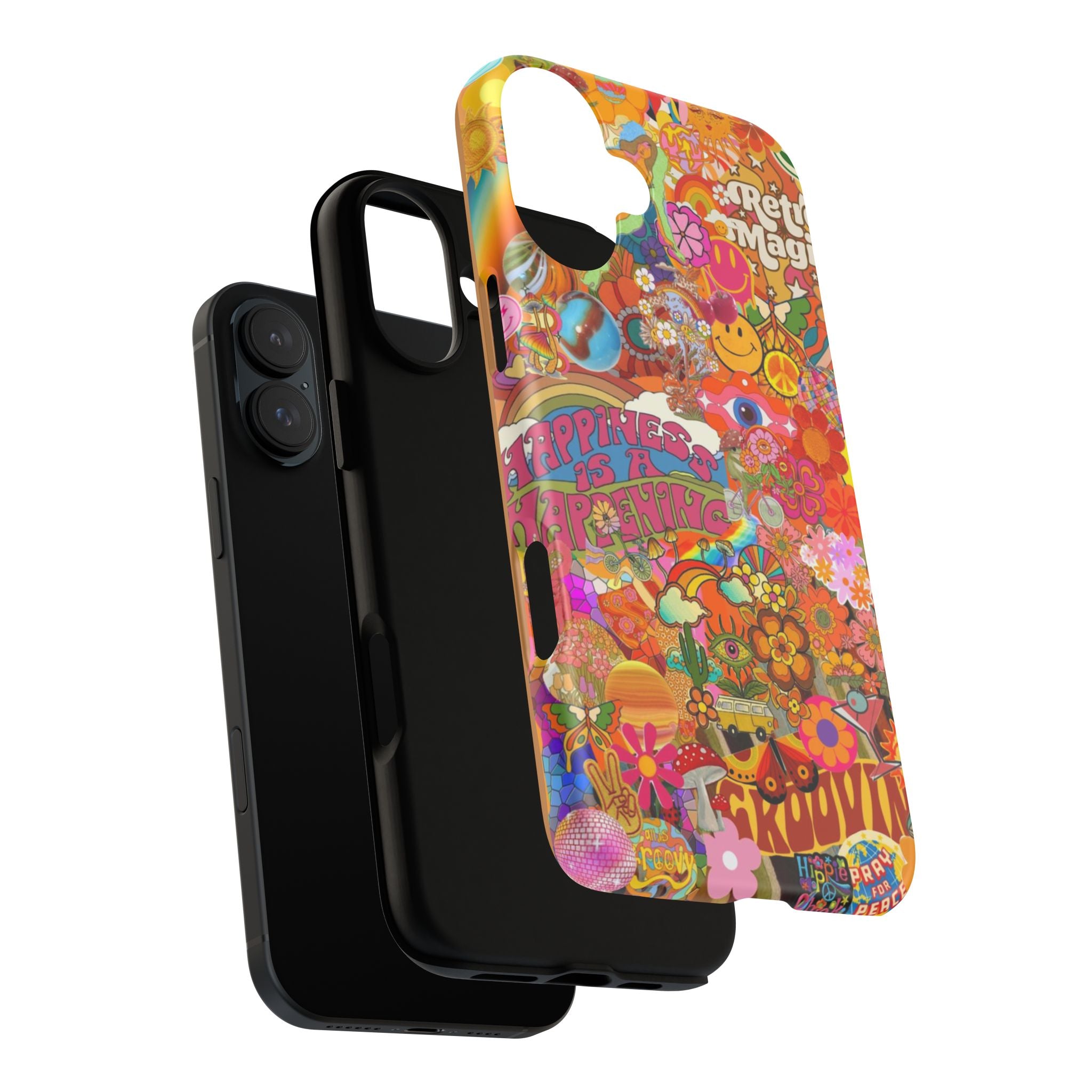 Happiness Is Happening – Groovy Hippie Retro Collage iPhone Case