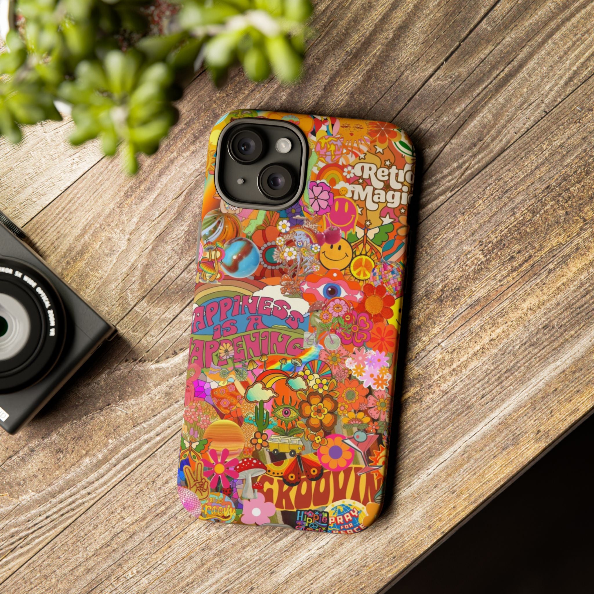 Happiness Is Happening – Groovy Hippie Retro Collage iPhone Case