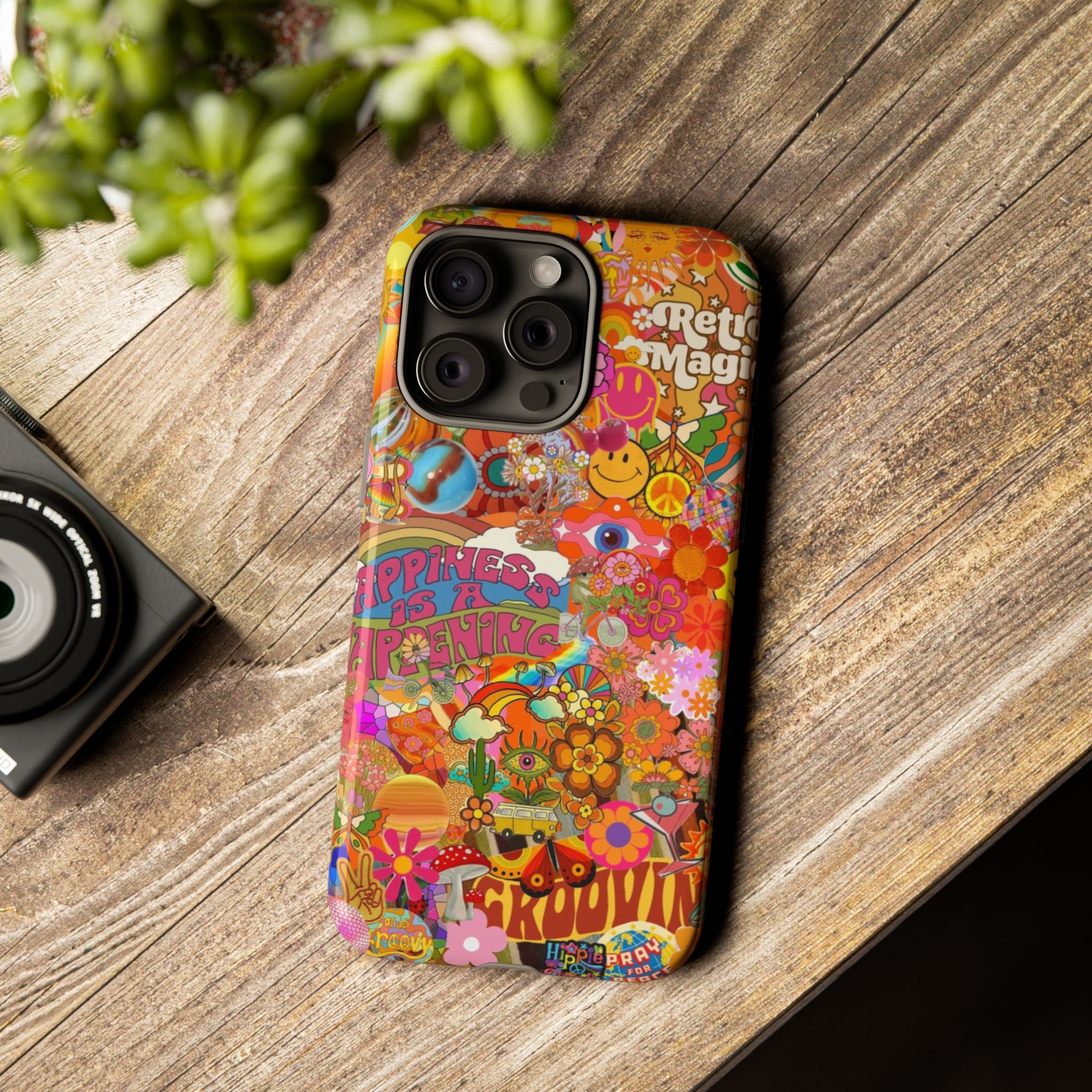 Happiness Is Happening – Groovy Hippie Retro Collage iPhone Case