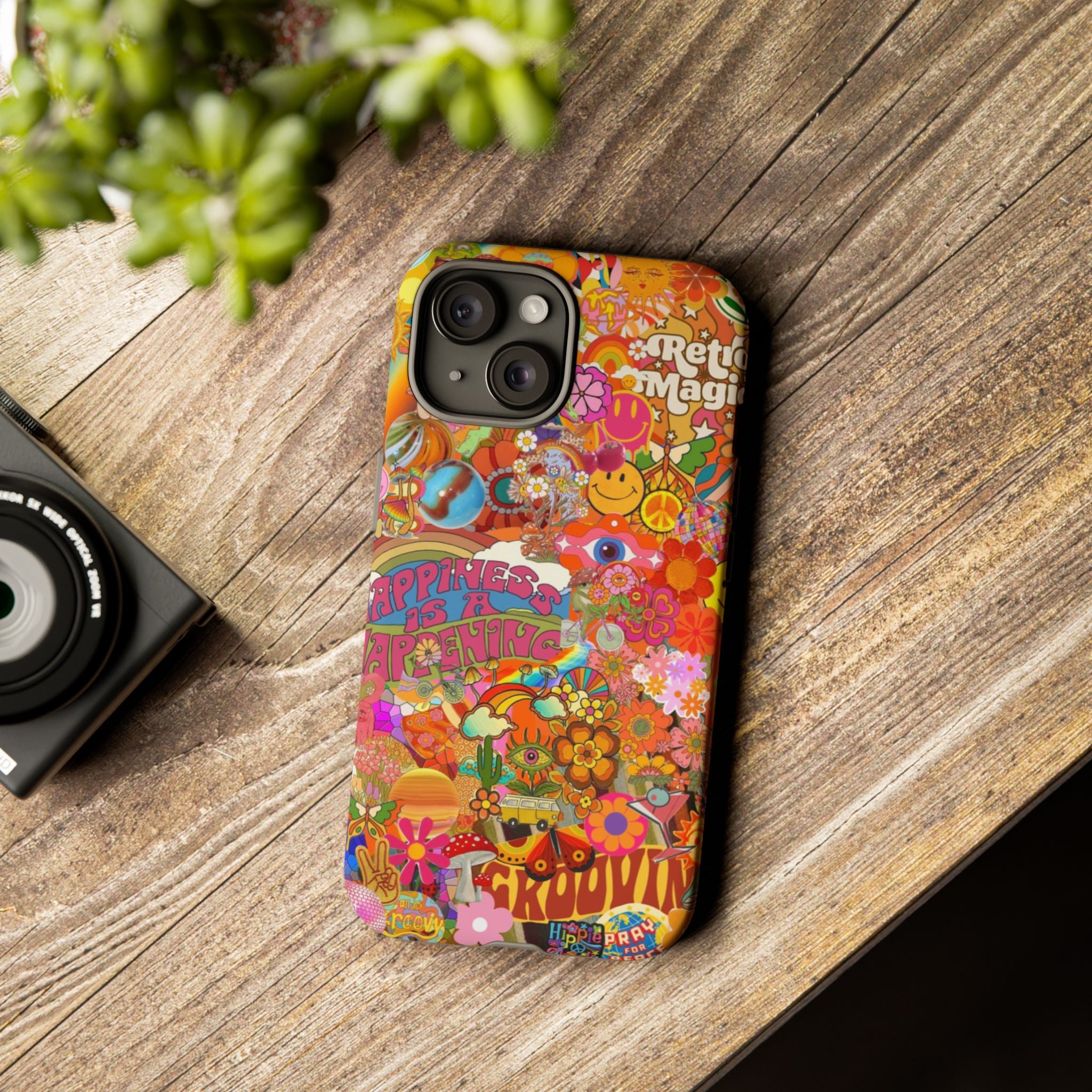 Happiness Is Happening – Groovy Hippie Retro Collage iPhone Case