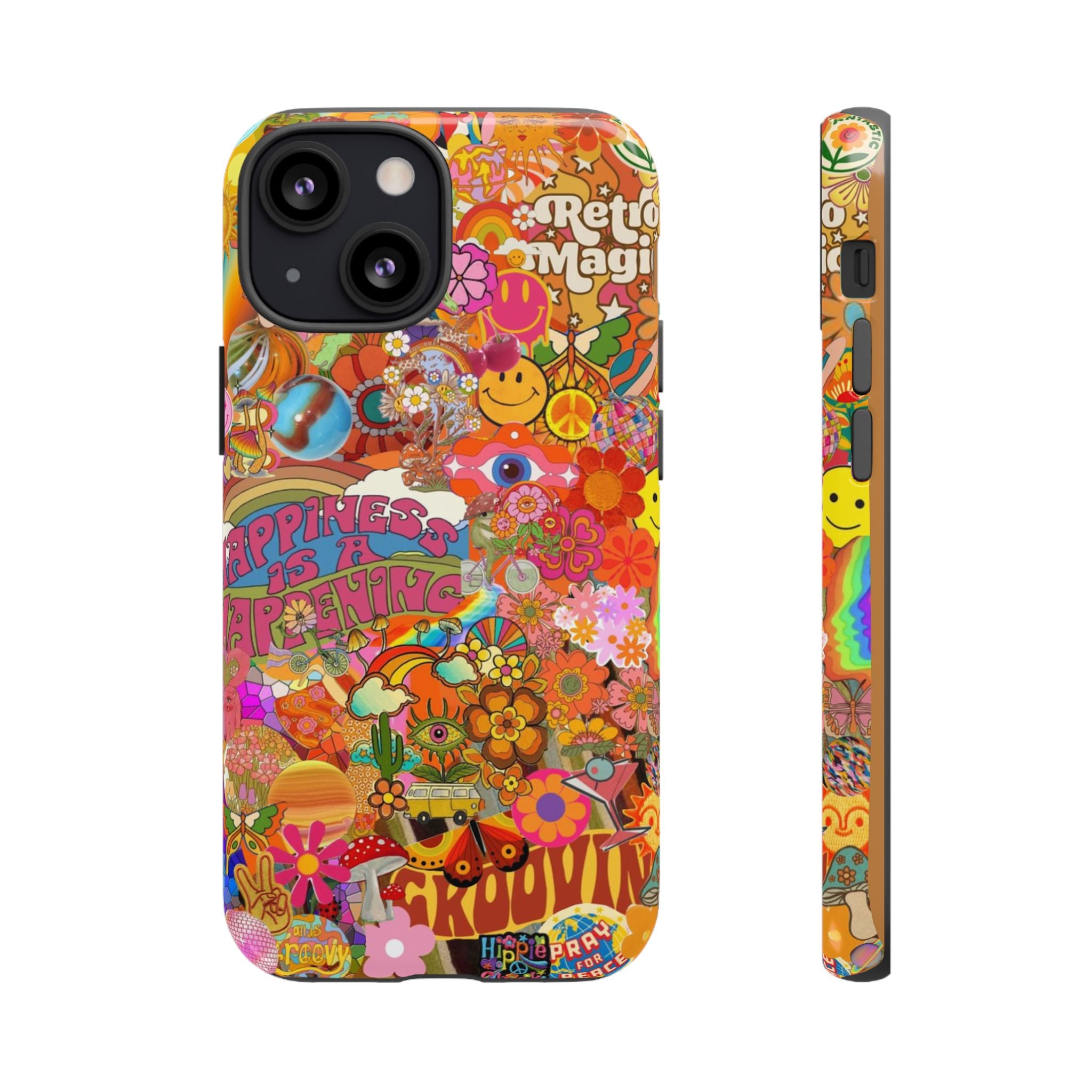 Happiness Is Happening – Groovy Hippie Retro Collage iPhone Case
