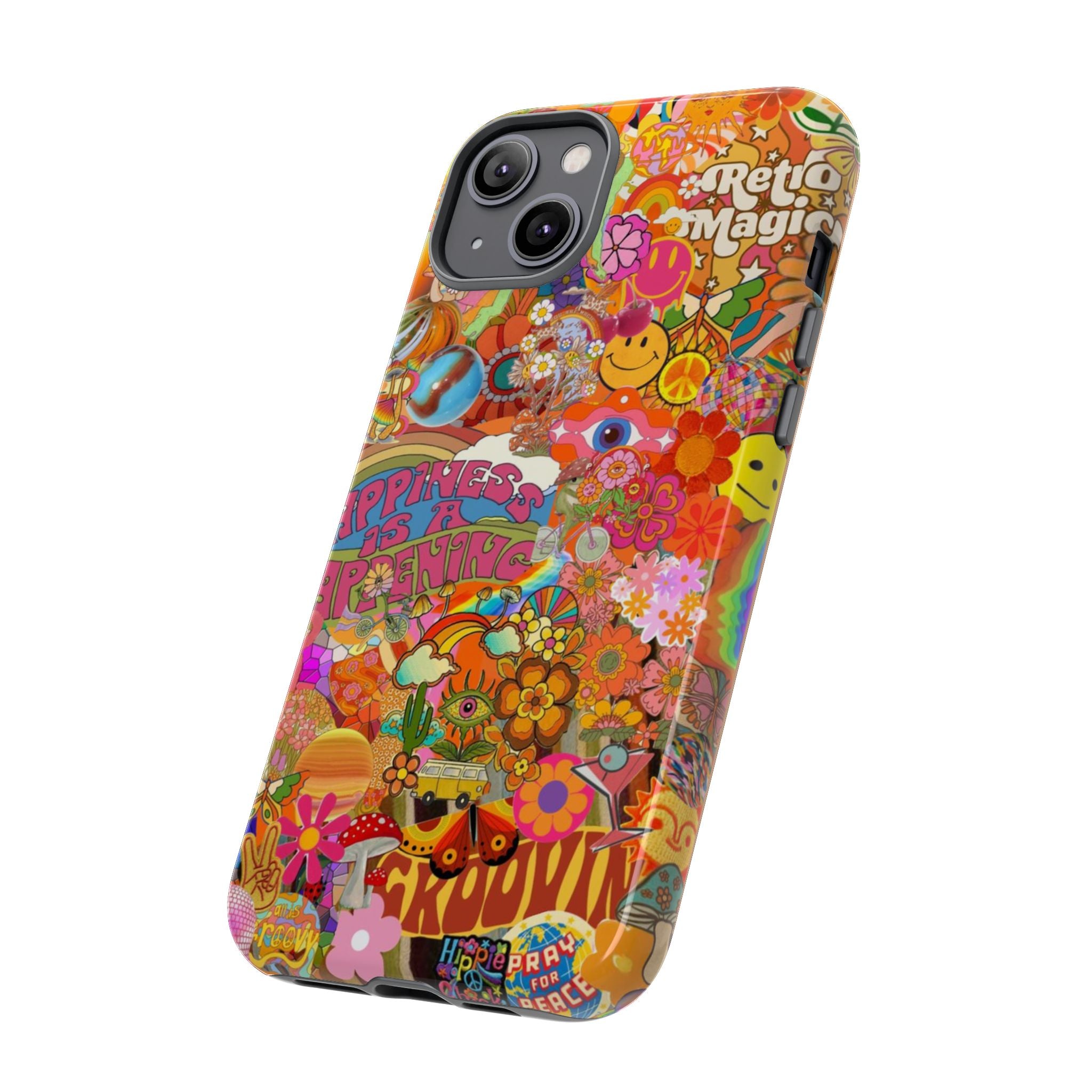 Happiness Is Happening – Groovy Hippie Retro Collage iPhone Case