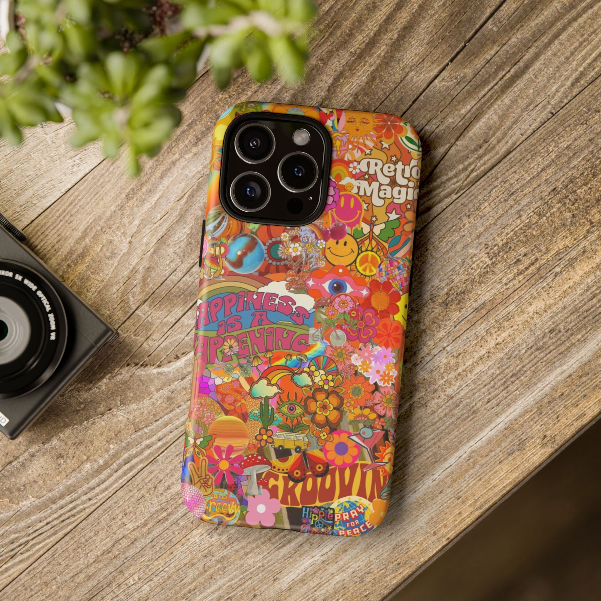 Happiness Is Happening – Groovy Hippie Retro Collage iPhone Case