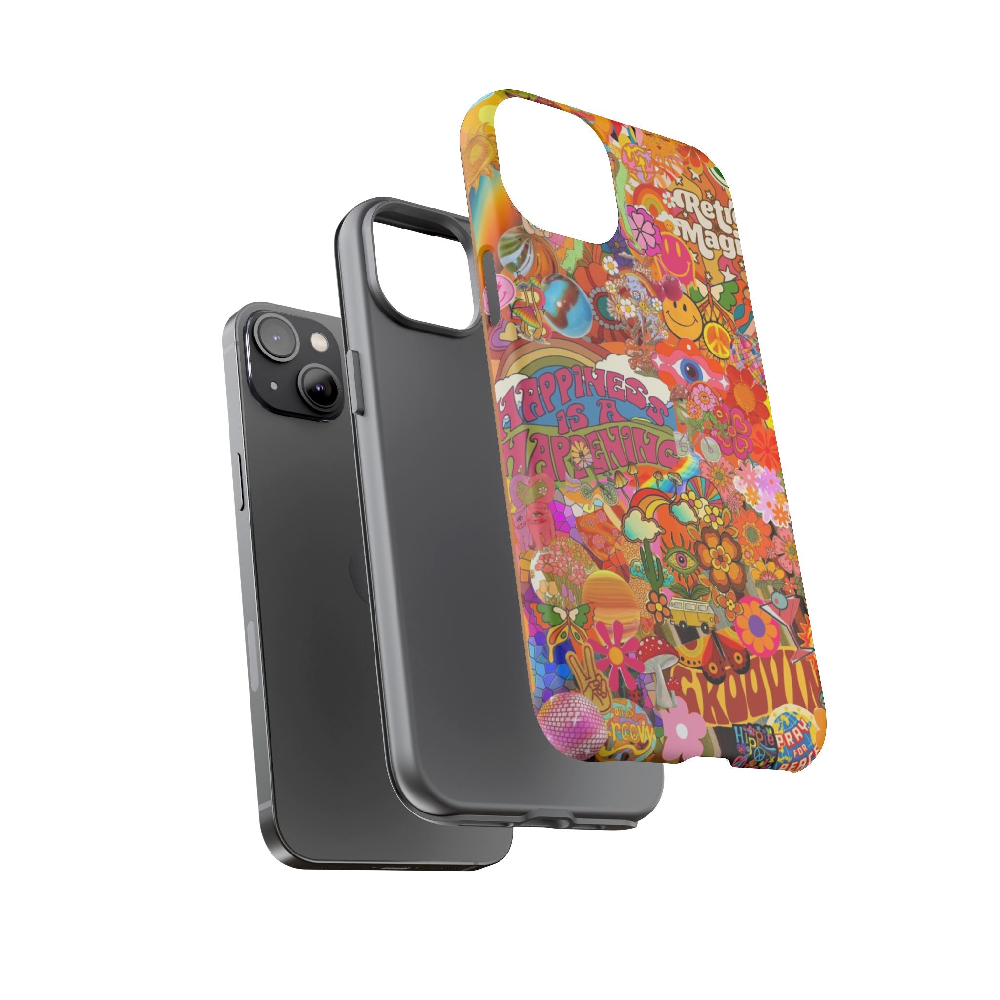 Happiness Is Happening – Groovy Hippie Retro Collage iPhone Case